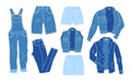 Vector blue jeans clothing set. Cotton jeans apparel man woman with stitches details and buttons folded flat. Denim