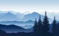 Vector blue landscape with silhouettes of misty mountains and hills and trees Royalty Free Stock Photo