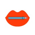 Vector blue lock zipper icon on top of a silhouette of red female lips. The concept of female secrecy, silence. Isolated on white
