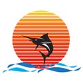 Vector of blue marlin fish on sea and sunset in background