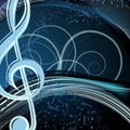 Blue music floral background: melody, notes, key, swirly.