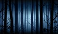 Vector blue mysterious dark forest landscape with silhouettes of trees and branches