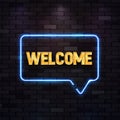Vector blue neon sign with welcome golden text on dark brick wall. Isolated design element Royalty Free Stock Photo