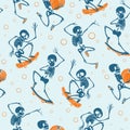 Vector blue and orange dancing and skateboarding skeletons Haloween repeat pattern background. Great for spooky fun