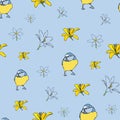 Vector blue background yellow white floral birds seamless pattern. Lilies, birds. Seamless pattern background