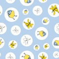 Vector blue background yellow white floral birds seamless pattern. Lilies, birds. Seamless pattern background