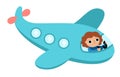 Vector blue plane with girl pilot icon. Air transport for kids