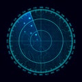 Vector blue radar screen. Military search system. Futuristic HUD radar display. Futuristic HUD interface. Royalty Free Stock Photo