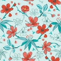 Vector Blue Red Japanese Flowers Seamless Pattern