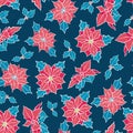 Vector blue, red poinsettia flower and holly berry holiday seamless pattern background. Great for winter themed