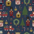 Vector blue seamless pattern background with Christmas icons.