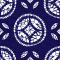 Vector blue shibori quilt round circle seamless pattern with canvas background. Suitable for textile, gift wrap and