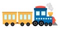 Vector blue steam train. Funny locomotive or engine with yellow wagons for kids. Cute vehicle clip art. Public transport icon Royalty Free Stock Photo