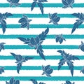 Vector blue tropical floral leaves on stripes seamless pattern design. Elegant hawaiian shirts fabric prints backgrounds Royalty Free Stock Photo
