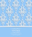 Vector Blue Vintage Invitation Card with 3d Floral Damask Pattern Royalty Free Stock Photo