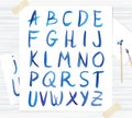 Vector blue watercolor font, handwritten letters. ABC