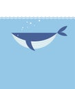 Vector Blue Whale In The Sea Flat Illustration With Light Blue Background And Text Space. Royalty Free Stock Photo