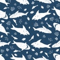 Vector blue and white cute shark pen sketch rows 01 repeat pattern. Perfect for fabric, scrapbooking and wallpaper projects Royalty Free Stock Photo