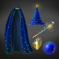 Vector blue wizard costume, set with accessories Royalty Free Stock Photo