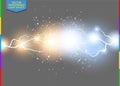 Vector blue and yellow electric lightning bolt. Energy effect illustration. Bright light flare and sparks on transparent Royalty Free Stock Photo