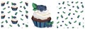 Vector blueberry cupcake of muffin or cake,berries and leaves and patterns. Beatiful dessert print, clip art, elements. Tasty col