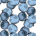 Vector Blueberry green and blue engraved ink art. Berries and green leaves. Seamless background pattern.