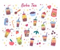 Vector boba tea types doodle set. Tapioca bubble tea drinks in plastic cups with straws, mason jars and glasses