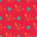 Vector bohemian christmas golden stars and feathers, turquoise balls, red background seamless repeat pattern Royalty Free Stock Photo