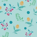Vector bohemian christmas turquoise balls, branches, green leaves, pink berry, golden pine cone seamless repeat pattern Royalty Free Stock Photo