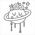 Vector boho black and white planet with flowers on the head. Bohemian moon line icon isolated on white background. Celestial star