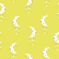Vector Boho Crescent Moon with Star Chains on Lemon Lime Green seamless pattern background. Perfect for fabric