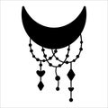 Vector boho crescent silhouette with pendants. Bohemian black horizontal half moon icon isolated on white background. Celestial Royalty Free Stock Photo