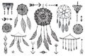 Vector boho decor set, collection of hand drawn doodle borders, dream catchers, dividers, design elements, arrows Royalty Free Stock Photo