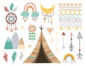 Vector boho elements collection. Bohemian half moon, wigwam, dream catcher, flowers, arrows, pattern, feathers isolated on white