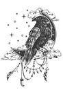 Vector boho raven tattoo or t-shirt print design