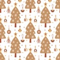 Vector boho seamless pattern with Christmas trees and baubles on white
