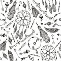 Vector boho seamless pattern. Hand drawn dream catcher, bird feather, arrows background. Royalty Free Stock Photo