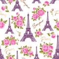 Bonjour Paris seamless pattern with Eiffel Tower, gold lettering and pink roses flowers. France symbol on white background