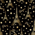 Bonjour Paris seamless pattern with gold glitter stars and Eiffel Tower. France symbol on black background