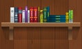 Vector Book shelf with realistic books stalks. Back side view.