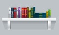 Vector Book shelf with realistic books stalks. Back side view.