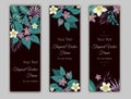 Vector bookmarks with green tropical leaves, plumeria and hibiscus flowers on black background. Summer or spring tropical vertical Royalty Free Stock Photo