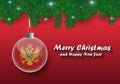Vector border of Christmas tree branches and ball with montenegro flag. Merry christmas and happy new year.