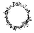 Vector border of doodle twigs and twins in leaves with an empty space inside in the form of a circle for text. flower wreath Royalty Free Stock Photo