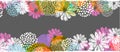 Vector border with lemon, white, blue, pink stylized doodle flowers and place for your text.