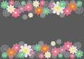 Vector border with lemon, white, green, pink, violet, orange stylized doodle flowers and place for your text