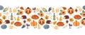 Vector border Thanksgiving. Seamless Autumn food roast turkey corn wine pumpkin family dinner greeting card repeating