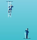 Vector of boss looking down from a top to a employee climbing up from under the floor