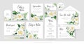 Vector, botanical, floral wedding invite, save the date, menu, thank you, label card tender template set. Yellow, white rose,