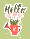 Funny hand-drawn watering can with flower graphic design.